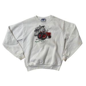 Vintage Unisex White Tractor Graphic Lee Sweater Fryeburg, Maine Cotton Blend XS